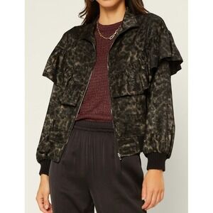 Leopard Print Bomber Jacket Size Medium Ruffle Trim Zip Up Statement Whimsigoth